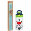 Easter Set, Children's thermal stainless steel bottle with safety straw, green/blue (350ml) & aromatic flat Easter candle (30cm) (TURQUOISE)