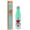 Easter Set, Metallic green/white thermos (Stainless steel), double-walled, 500ml & scented flat Easter candle (30cm) (TURQUOISE)