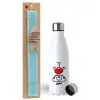 Easter Set, metallic stainless steel water bottle (750ml) & aromatic flat Easter candle (30cm) (TURQUOISE)