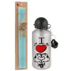 Easter Set, metallic silver aluminum water bottle (500ml) & scented flat Easter candle (30cm) (TURQUOISE)