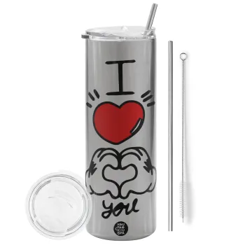 comics hands love, Tumbler ποτήρι θερμό Ασημένιο από ανοξείδωτο ατσάλι 600ml, με μεταλλικό καλαμάκι & βούρτσα καθαρισμού