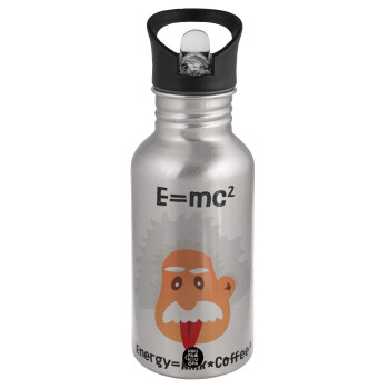 E=mc2 Energy = Milk*Coffe, Water bottle Silver with straw, stainless steel 500ml