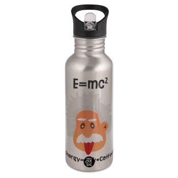 E=mc2 Energy = Milk*Coffe, Water bottle Silver with straw, stainless steel 600ml