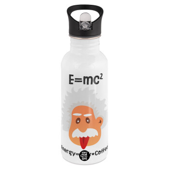 E=mc2 Energy = Milk*Coffe, White water bottle with straw, stainless steel 600ml