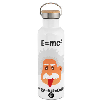 E=mc2 Energy = Milk*Coffe, Μεταλλικό παγούρι θερμός (Stainless steel) Λευκό με ξύλινο καπακι (bamboo), διπλού τοιχώματος, 750ml