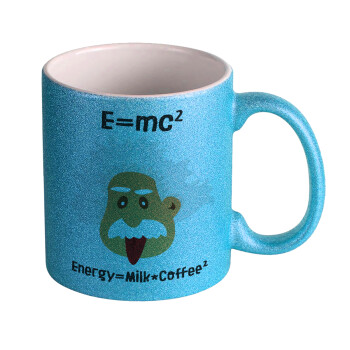 E=mc2 Energy = Milk*Coffe, Κούπα Σιέλ Glitter που γυαλίζει, κεραμική, 330ml