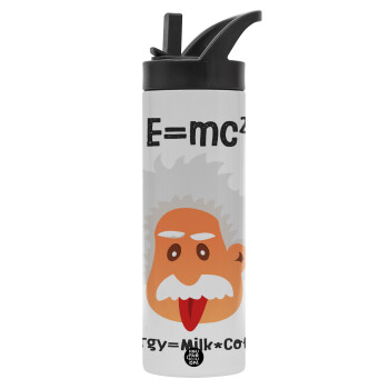 E=mc2 Energy = Milk*Coffe, Μεταλλικό παγούρι θερμός με καλαμάκι & χειρολαβή, ανοξείδωτο ατσάλι (Stainless steel 304), διπλού τοιχώματος, 600ml