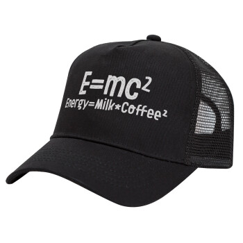 E=mc2 Energy = Milk*Coffe, Καπέλο Trucker με Δίχτυ, Μαύρο, (ΒΑΜΒΑΚΕΡΟ, ΠΑΙΔΙΚΟ, UNISEX, ONE SIZE)