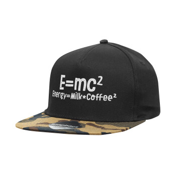 E=mc2 Energy = Milk*Coffe, Καπέλο Ενηλίκων Flat Snapback Μαύρο/Παραλαγή, (100% ΒΑΜΒΑΚΕΡΟ, ΕΝΗΛΙΚΩΝ, UNISEX, ONE SIZE)