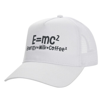 E=mc2 Energy = Milk*Coffe, Καπέλο Ενηλίκων Structured Trucker, με Δίχτυ, ΛΕΥΚΟ (100% ΒΑΜΒΑΚΕΡΟ, ΕΝΗΛΙΚΩΝ, UNISEX, ONE SIZE)