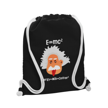 E=mc2 Energy = Milk*Coffe, Τσάντα πλάτης πουγκί GYMBAG Μαύρη, με τσέπη (40x48cm) & χονδρά λευκά κορδόνια