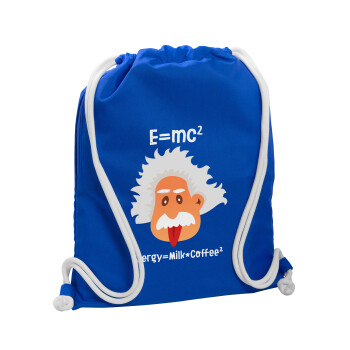 E=mc2 Energy = Milk*Coffe, Τσάντα πλάτης πουγκί GYMBAG Μπλε, με τσέπη (40x48cm) & χονδρά κορδόνια