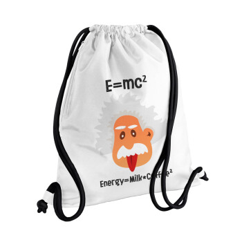 E=mc2 Energy = Milk*Coffe, Τσάντα πλάτης πουγκί GYMBAG λευκή, με τσέπη (40x48cm) & χονδρά κορδόνια