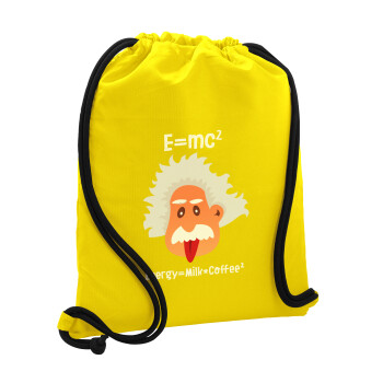 E=mc2 Energy = Milk*Coffe, Τσάντα πλάτης πουγκί GYMBAG Κίτρινη, με τσέπη (40x48cm) & χονδρά κορδόνια