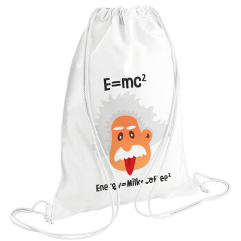 E=mc2 Energy = Milk*Coffe, Τσάντα πλάτης πουγκί GYMBAG λευκή (28x40cm)