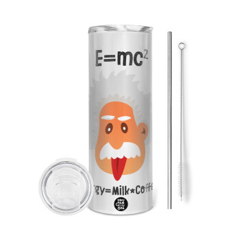 E=mc2 Energy = Milk*Coffe, Eco friendly ποτήρι θερμό (tumbler) από ανοξείδωτο ατσάλι 600ml, με μεταλλικό καλαμάκι & βούρτσα καθαρισμού