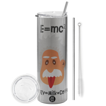 E=mc2 Energy = Milk*Coffe, Eco friendly ποτήρι θερμό Ασημένιο (tumbler) από ανοξείδωτο ατσάλι 600ml, με μεταλλικό καλαμάκι & βούρτσα καθαρισμού