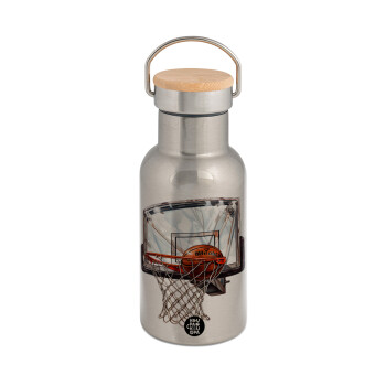 Basketball, Stainless steel metallic thermos flask, silver with a bamboo lid, double-walled, 350ml.