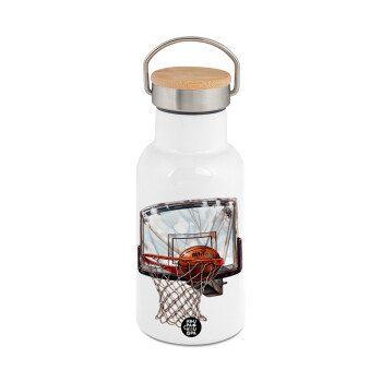 Basketball, Μεταλλικό παγούρι θερμός (Stainless steel) Λευκό με ξύλινο καπακι (bamboo), διπλού τοιχώματος, 350ml