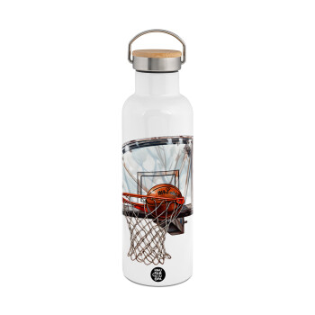 Basketball, Stainless steel White with wooden lid (bamboo), double wall, 750ml