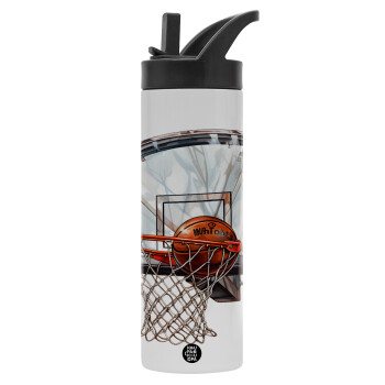Basketball, Μεταλλικό παγούρι θερμός με καλαμάκι & χειρολαβή, ανοξείδωτο ατσάλι (Stainless steel 304), διπλού τοιχώματος, 600ml