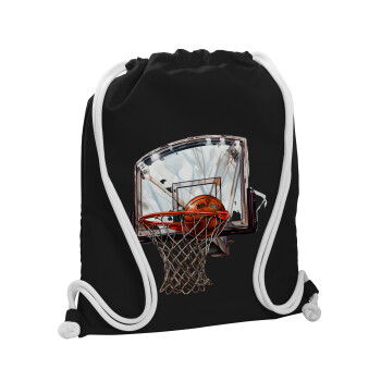 Basketball, Τσάντα πλάτης πουγκί GYMBAG Μαύρη, με τσέπη (40x48cm) & χονδρά λευκά κορδόνια