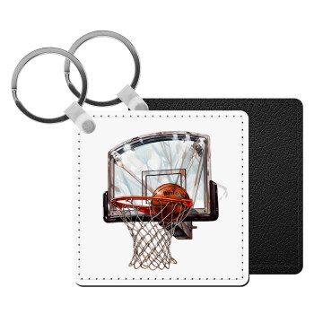 Basketball, Μπρελόκ Δερματίνη, τετράγωνο ΜΑΥΡΟ (5x5cm)