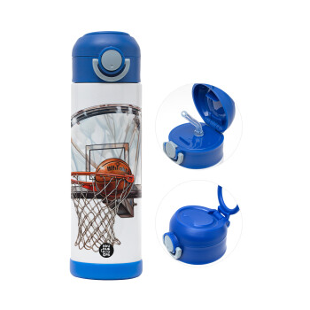 Basketball, Children's hot water bottle, stainless steel, with safety straw, BLUE (500ml)