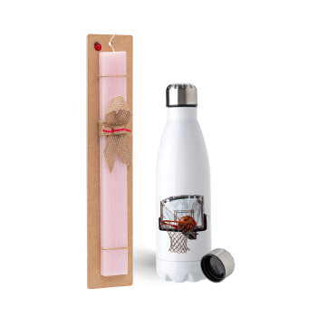 Basketball, Easter Set, metallic stainless steel water bottle (750ml) & scented flat Easter candle (30cm) (PINK)