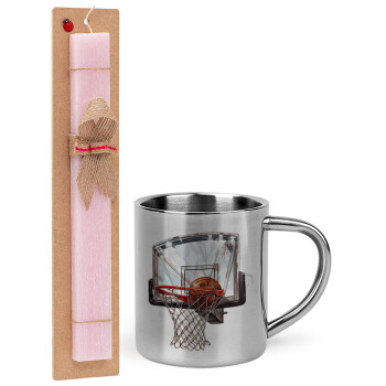 Basketball, Easter Set, metallic thermal cup (300ml) & aromatic flat Easter candle (30cm) (PINK)