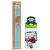 Easter Set, Children's thermal stainless steel bottle with safety straw, green/blue (350ml) & aromatic flat Easter candle (30cm) (TURQUOISE)