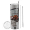 Eco friendly ποτήρι θερμό Ασημένιο (tumbler) από ανοξείδωτο ατσάλι 600ml, με μεταλλικό καλαμάκι & βούρτσα καθαρισμού