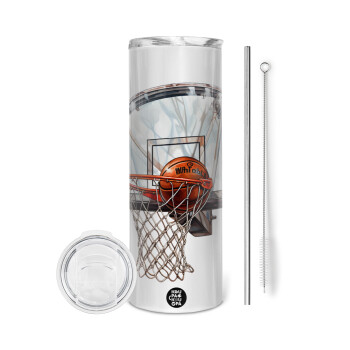 Basketball, Tumbler ποτήρι θερμό από ανοξείδωτο ατσάλι 600ml, με μεταλλικό καλαμάκι & βούρτσα καθαρισμού