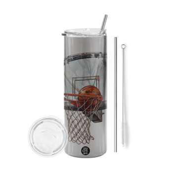 Basketball, Eco friendly ποτήρι θερμό Ασημένιο (tumbler) από ανοξείδωτο ατσάλι 600ml, με μεταλλικό καλαμάκι & βούρτσα καθαρισμού