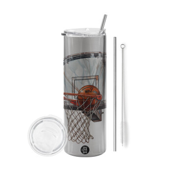 Basketball, Tumbler stainless steel Silver 600ml, with metal straw & cleaning brush