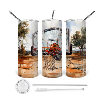 Basketball, 360 Eco friendly ποτήρι θερμό (tumbler) από ανοξείδωτο ατσάλι 600ml, με μεταλλικό καλαμάκι & βούρτσα καθαρισμού
