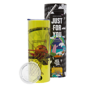 Basketball, Neon Yellow Travel Tumbler, with metal straw (Stainless steel 304 Food grade, BPA free, 600ml)
