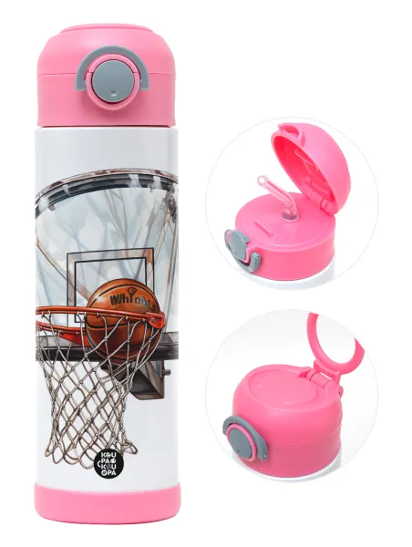 Basketball — Παιδικό παγούρι θερμό, ανοξείδωτο, με καλαμάκι ασφαλείας, ΡΟΖ (500ml)