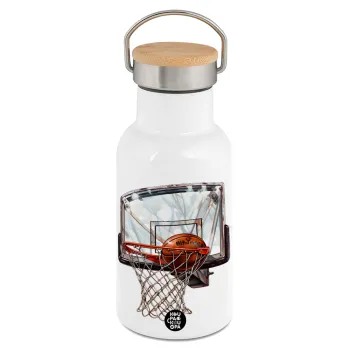 Basketball, Μεταλλικό παγούρι θερμός (Stainless steel) Λευκό με ξύλινο καπακι (bamboo), διπλού τοιχώματος, 350ml