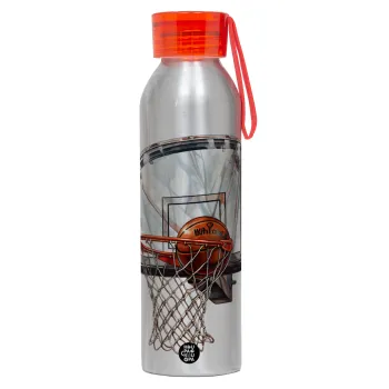 Basketball, Αλουμινένιο Αθλητικό Μπουκάλι 650ml – Ασημί με Κόκκινο Καπάκι και Λουράκι Σιλικόνης