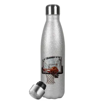Basketball, Μεταλλικό παγούρι θερμός Glitter Aσημένιο (Stainless steel), διπλού τοιχώματος, 500ml