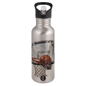 Basketball, Παγούρι νερού Ασημένιο με καλαμάκι, ανοξείδωτο ατσάλι 600ml