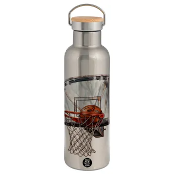 Basketball, Μεταλλικό παγούρι θερμός (Stainless steel) Ασημένιο με ξύλινο καπακι (bamboo), διπλού τοιχώματος, 750ml