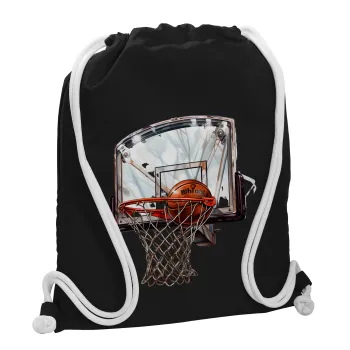 Basketball, Τσάντα πλάτης πουγκί GYMBAG Μαύρη, με τσέπη (40x48cm) & χονδρά λευκά κορδόνια