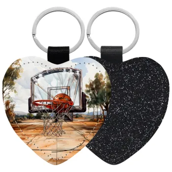 Basketball, Μπρελόκ PU δερμάτινο glitter καρδιά ΜΑΥΡΟ