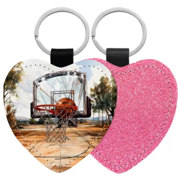 Basketball, Μπρελόκ PU δερμάτινο glitter καρδιά ΡΟΖ