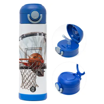 Basketball, Παιδικό παγούρι θερμό, ανοξείδωτο, με καλαμάκι ασφαλείας, ΜΠΛΕ (500ml)