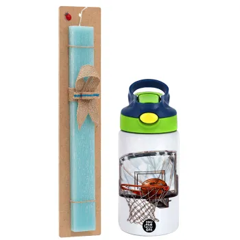 Basketball, Easter Set, Children's thermal stainless steel bottle with safety straw, green/blue (350ml) & aromatic flat Easter candle (30cm) (TURQUOISE)