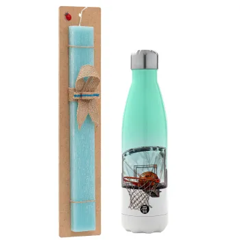 Basketball, Easter Set, Metallic green/white thermos (Stainless steel), double-walled, 500ml & scented flat Easter candle (30cm) (TURQUOISE)
