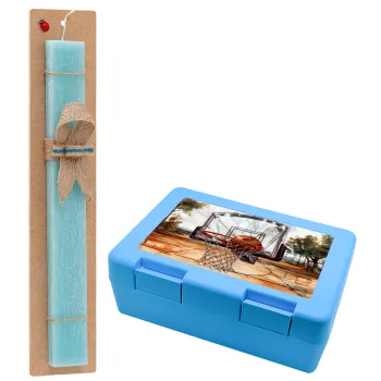 Basketball, Πασχαλινή Λαμπάδα με παιδικό δοχείο κολατσιού ΓΑΛΑΖΙΟ & κερί αρωματικό πλακέ (30cm) (ΤΙΡΚΟΥΑΖ)